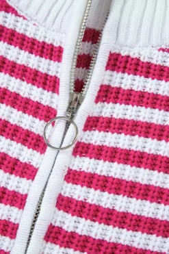 Clearance Dear-Lover Zip up Collar Drop Shoulder Sweater Pink Stripe