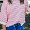 Fashion Dear-Lover Striped 3/4 Sleeve Drop Shoulder Top Pink