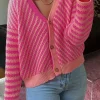 Best Dear-Lover Striped Buttoned V Neck Drop Shoulder Cardigan Pink