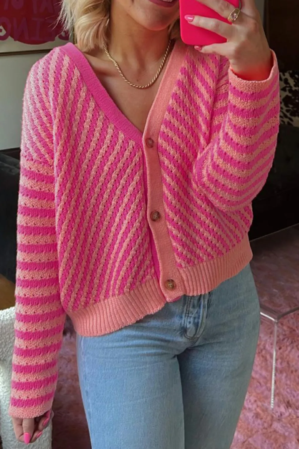 Best Dear-Lover Striped Buttoned V Neck Drop Shoulder Cardigan Pink