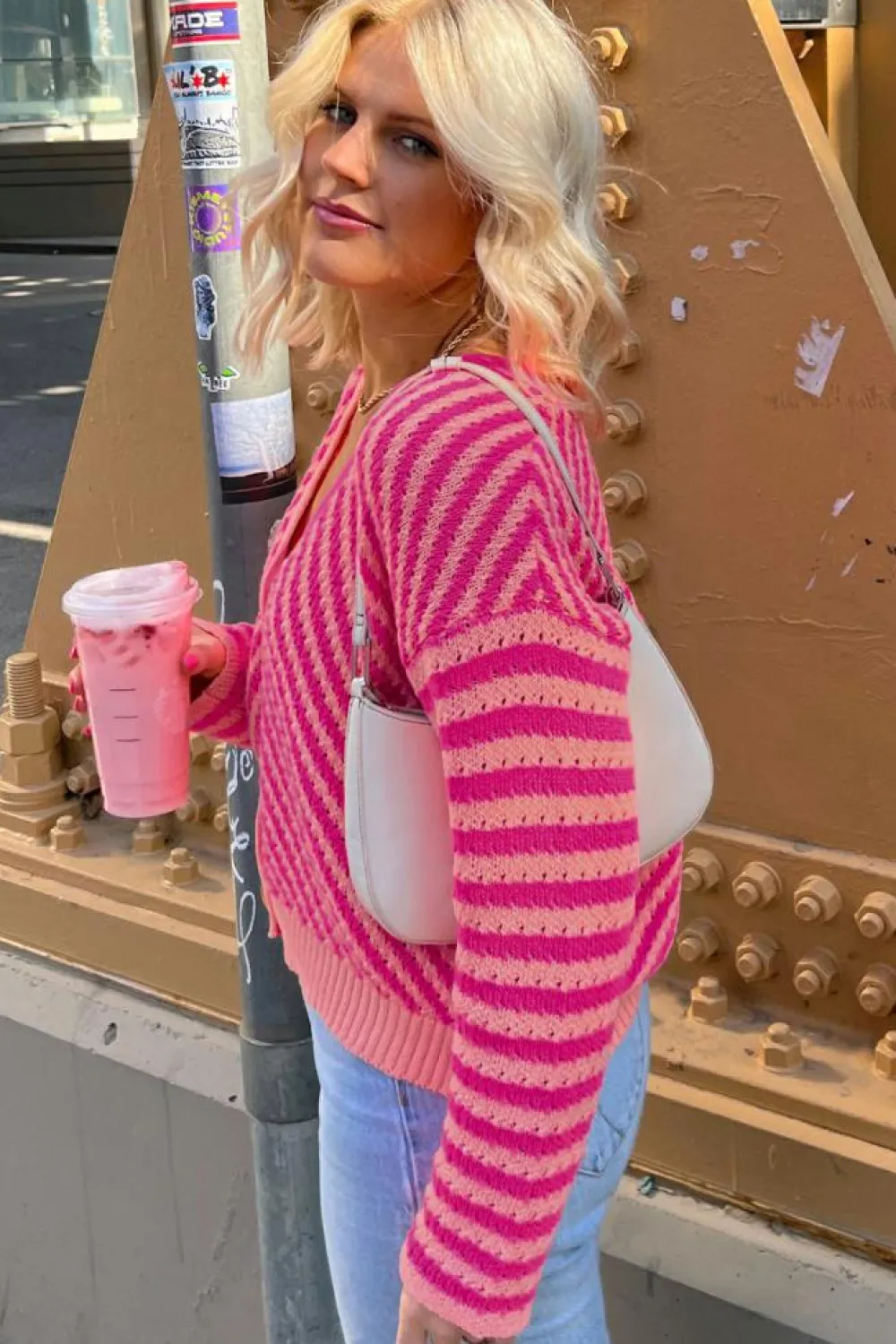 Best Dear-Lover Striped Buttoned V Neck Drop Shoulder Cardigan Pink