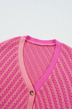 Best Dear-Lover Striped Buttoned V Neck Drop Shoulder Cardigan Pink
