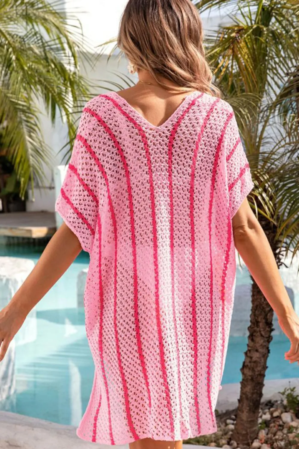 Discount Dear-Lover Striped Crochet Loose Fit V Neck Beach Cover Up Pink