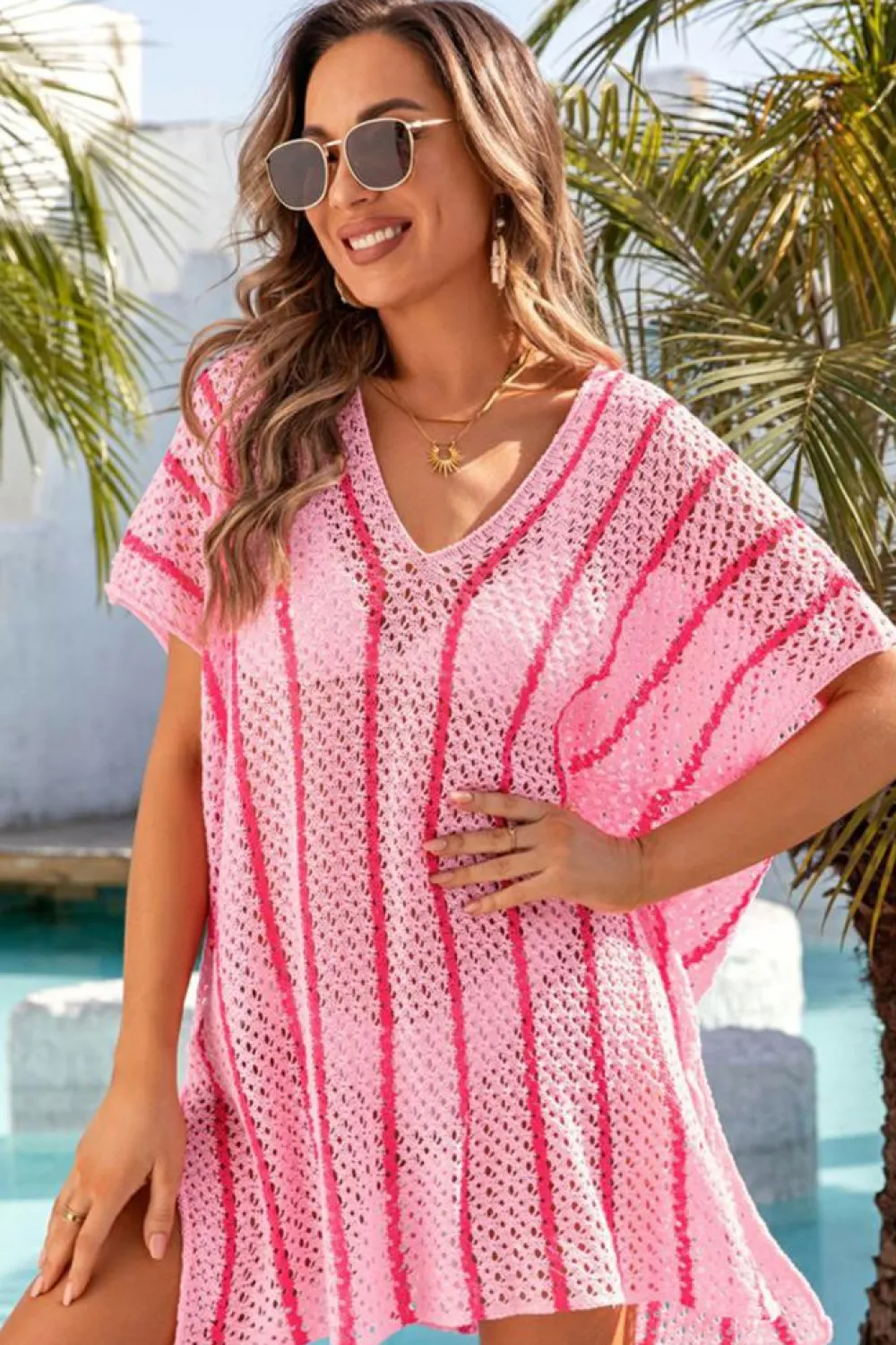 Discount Dear-Lover Striped Crochet Loose Fit V Neck Beach Cover Up Pink