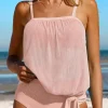 Online Dear-Lover Striped Mesh Knotted Hem Tankini Swimsuit Pink