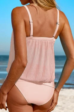 Online Dear-Lover Striped Mesh Knotted Hem Tankini Swimsuit Pink
