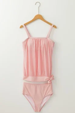 Online Dear-Lover Striped Mesh Knotted Hem Tankini Swimsuit Pink