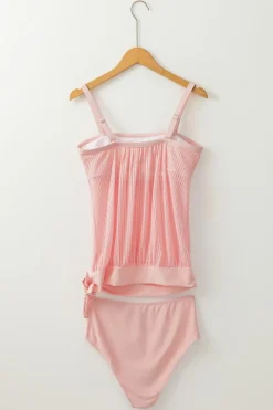 Online Dear-Lover Striped Mesh Knotted Hem Tankini Swimsuit Pink