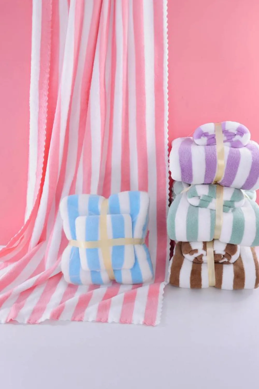 Fashion Dear-Lover Striped Plush Bath Towel Set Pink