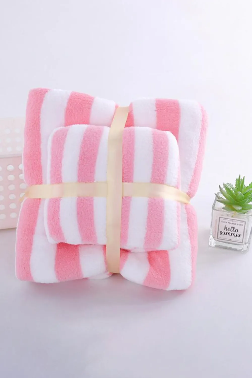 Fashion Dear-Lover Striped Plush Bath Towel Set Pink