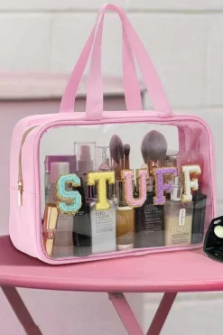 Online Dear-Lover STUFF Glitter Chenille Patched Transparent Makeup Bag Pink