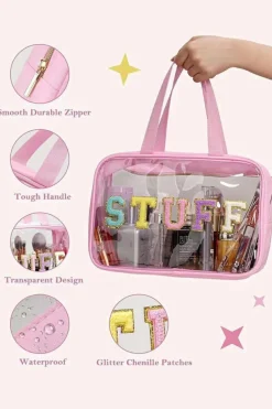 Online Dear-Lover STUFF Glitter Chenille Patched Transparent Makeup Bag Pink