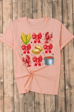 Online Dear-Lover Summer Food Bow Crawfish Printed T Shirt Pink