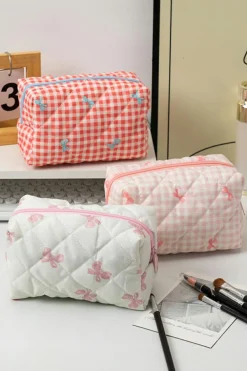 Online Dear-Lover Sweet Bow Knot Print Quilted Zipper Cosmetic Bag Pink
