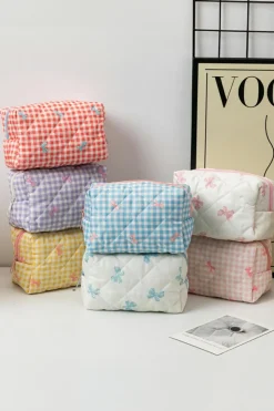 Online Dear-Lover Sweet Bow Knot Print Quilted Zipper Cosmetic Bag Pink