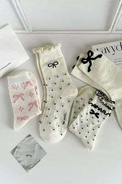 Sale Dear-Lover Sweet Bowknot Print Mid Calf Socks Pink