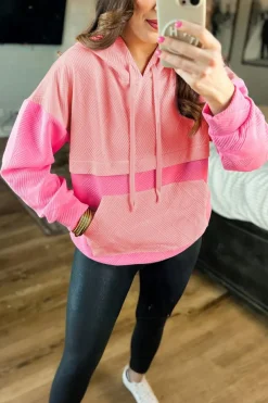 Clearance Dear-Lover Textured Color Block Kangaroo Pocket Drop Shoulder Hoodie Pink