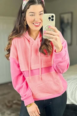 Clearance Dear-Lover Textured Color Block Kangaroo Pocket Drop Shoulder Hoodie Pink