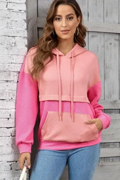 Clearance Dear-Lover Textured Color Block Kangaroo Pocket Drop Shoulder Hoodie Pink