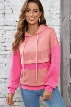 Clearance Dear-Lover Textured Color Block Kangaroo Pocket Drop Shoulder Hoodie Pink
