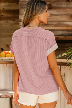 Sale Dear-Lover Textured Colorblock Crew Neck T Shirt Pink