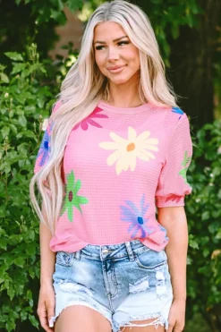 Clearance Dear-Lover Textured Colorful Floral Print Puff Sleeve T Shirt Pink