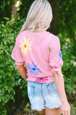 Clearance Dear-Lover Textured Colorful Floral Print Puff Sleeve T Shirt Pink