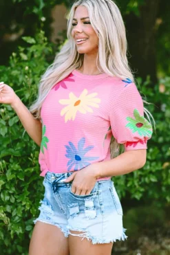 Clearance Dear-Lover Textured Colorful Floral Print Puff Sleeve T Shirt Pink
