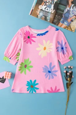 Clearance Dear-Lover Textured Colorful Floral Print Puff Sleeve T Shirt Pink