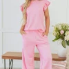 Outlet Dear-Lover Textured Pearled Ruffled Sleeve Wide Leg Pants Set Pink