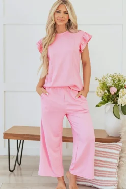 Outlet Dear-Lover Textured Pearled Ruffled Sleeve Wide Leg Pants Set Pink