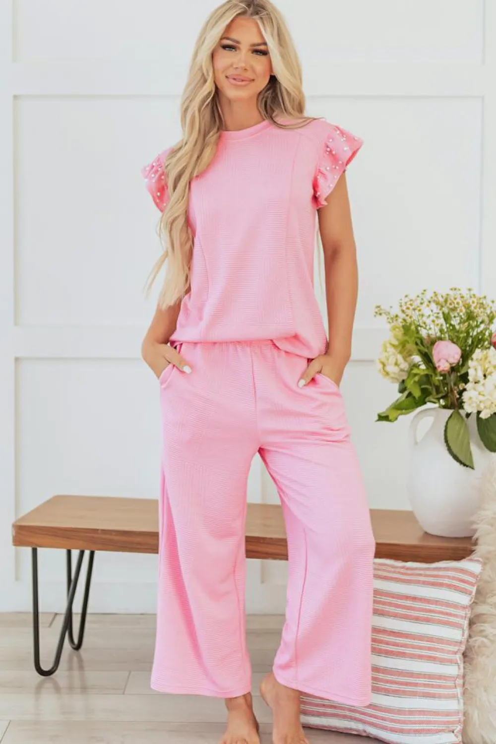 Outlet Dear-Lover Textured Pearled Ruffled Sleeve Wide Leg Pants Set Pink
