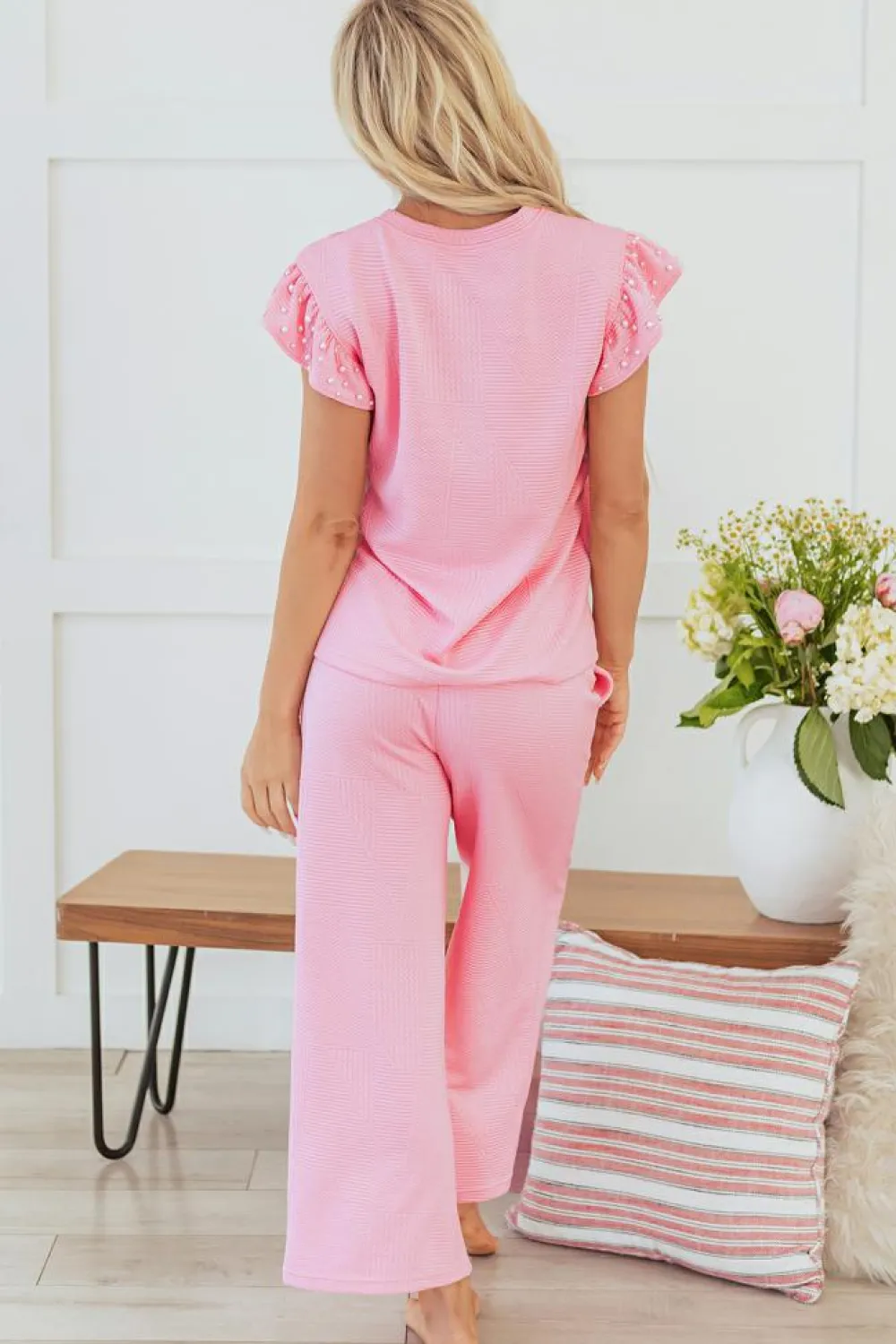 Outlet Dear-Lover Textured Pearled Ruffled Sleeve Wide Leg Pants Set Pink