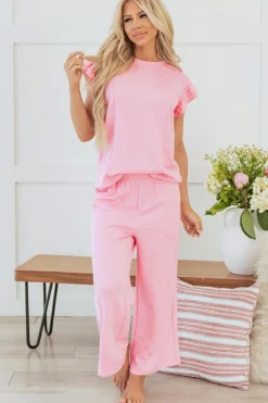 Outlet Dear-Lover Textured Pearled Ruffled Sleeve Wide Leg Pants Set Pink