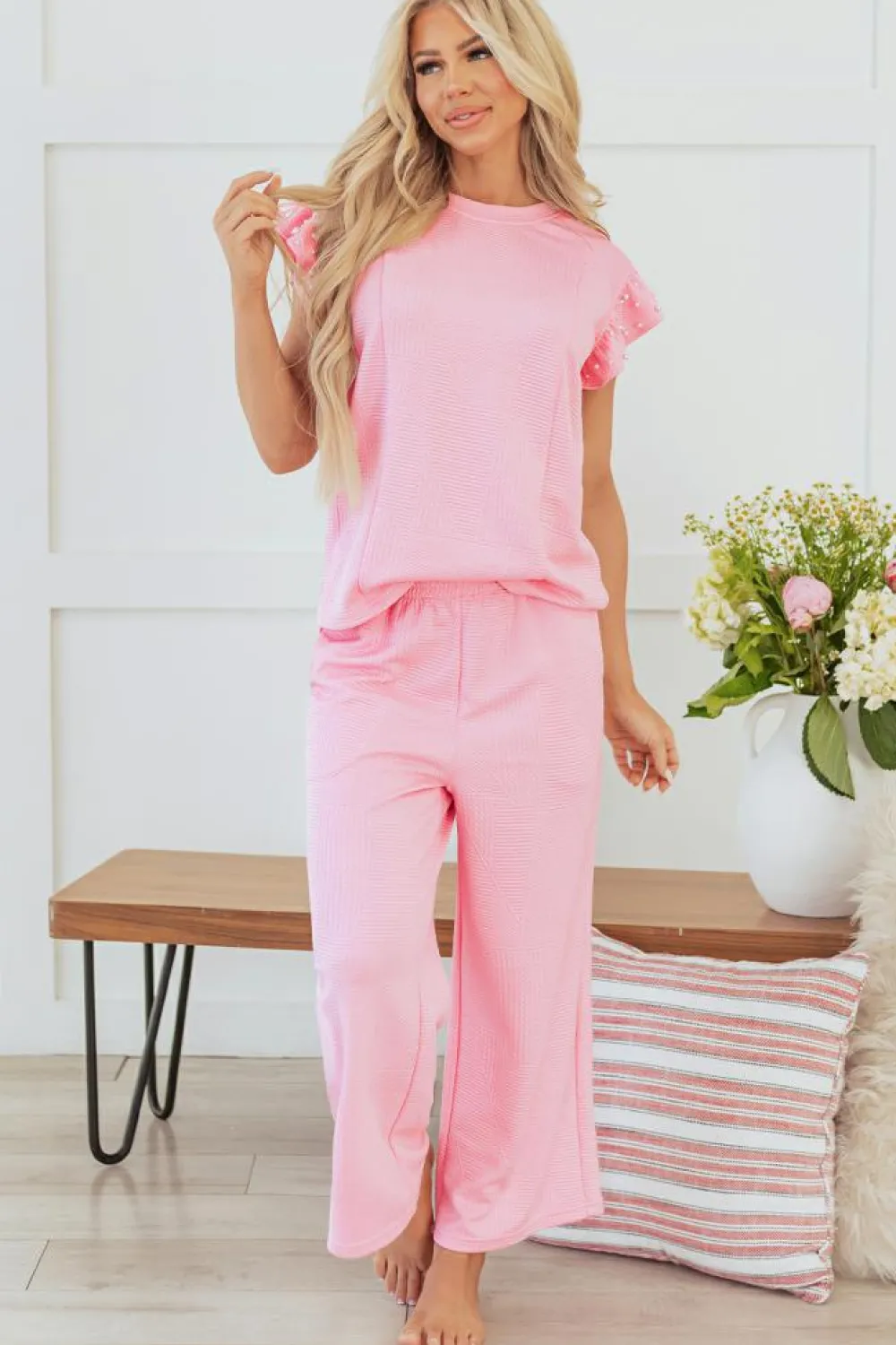 Outlet Dear-Lover Textured Pearled Ruffled Sleeve Wide Leg Pants Set Pink