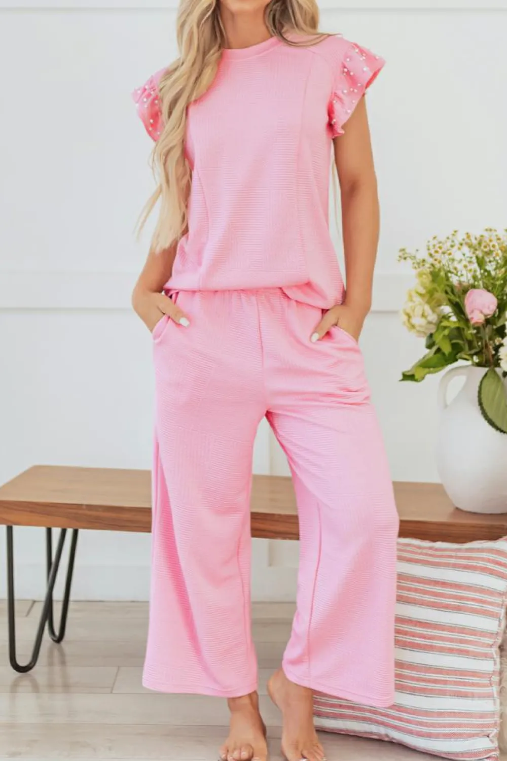 Outlet Dear-Lover Textured Pearled Ruffled Sleeve Wide Leg Pants Set Pink