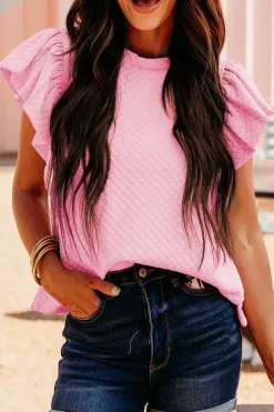Fashion Dear-Lover Textured Ruffle Short Sleeve Pullover Top Pink