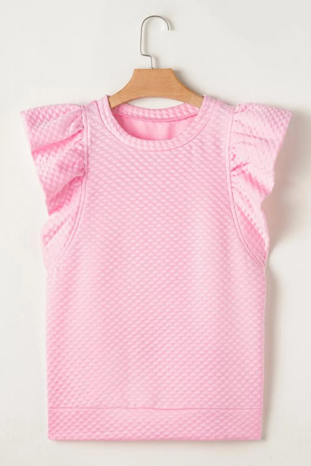 Fashion Dear-Lover Textured Ruffle Short Sleeve Pullover Top Pink