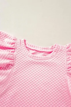 Fashion Dear-Lover Textured Ruffle Short Sleeve Pullover Top Pink