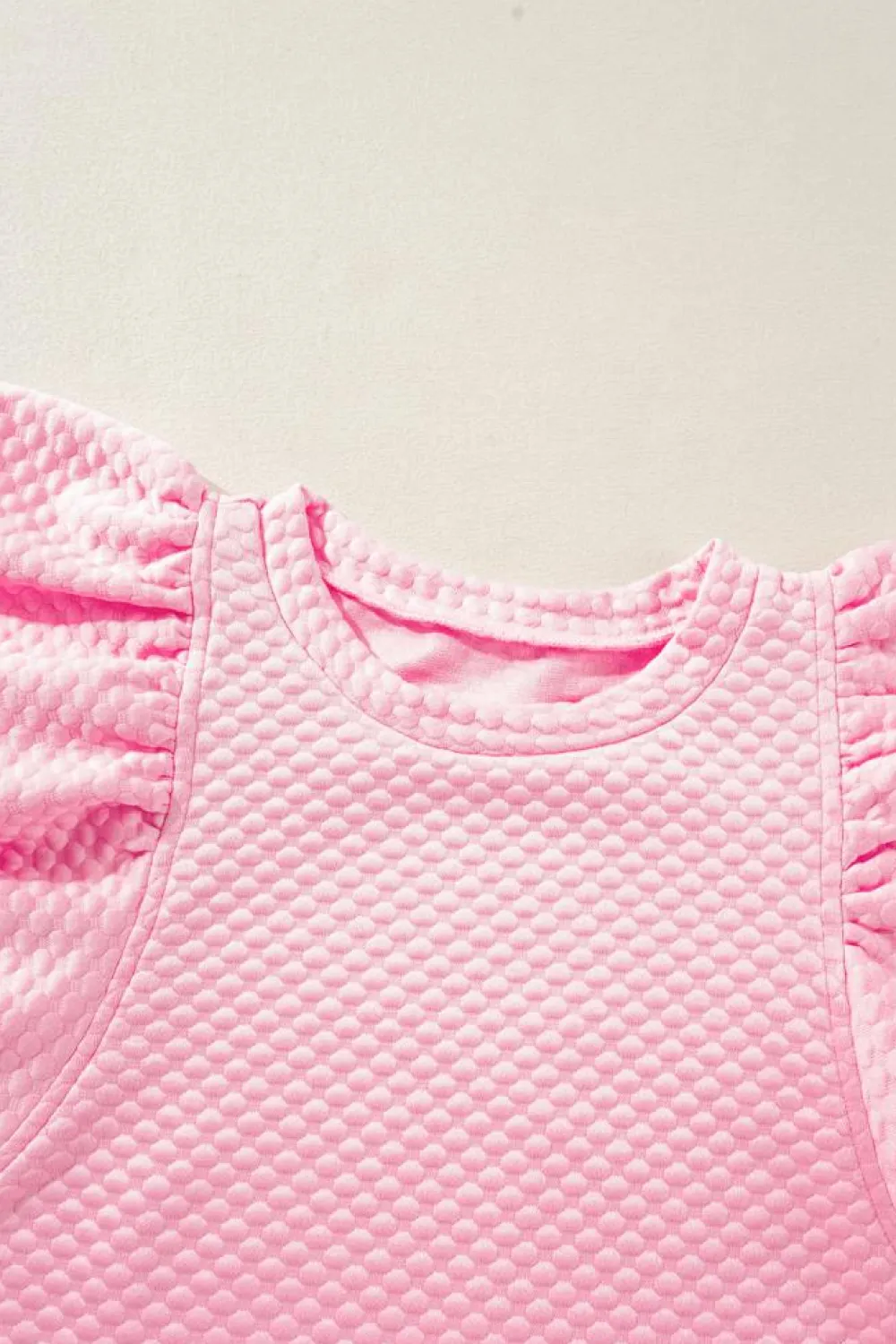 Fashion Dear-Lover Textured Ruffle Short Sleeve Pullover Top Pink