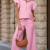 Fashion Dear-Lover Textured Ruffled Sleeve Zipped Top and Wide Leg Pants Set Pink
