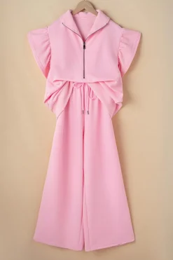Fashion Dear-Lover Textured Ruffled Sleeve Zipped Top and Wide Leg Pants Set Pink
