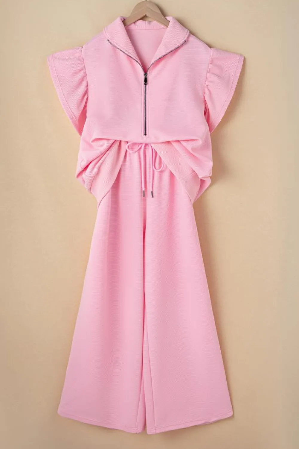 Fashion Dear-Lover Textured Ruffled Sleeve Zipped Top and Wide Leg Pants Set Pink