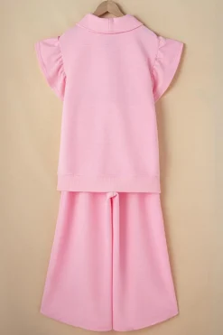 Fashion Dear-Lover Textured Ruffled Sleeve Zipped Top and Wide Leg Pants Set Pink