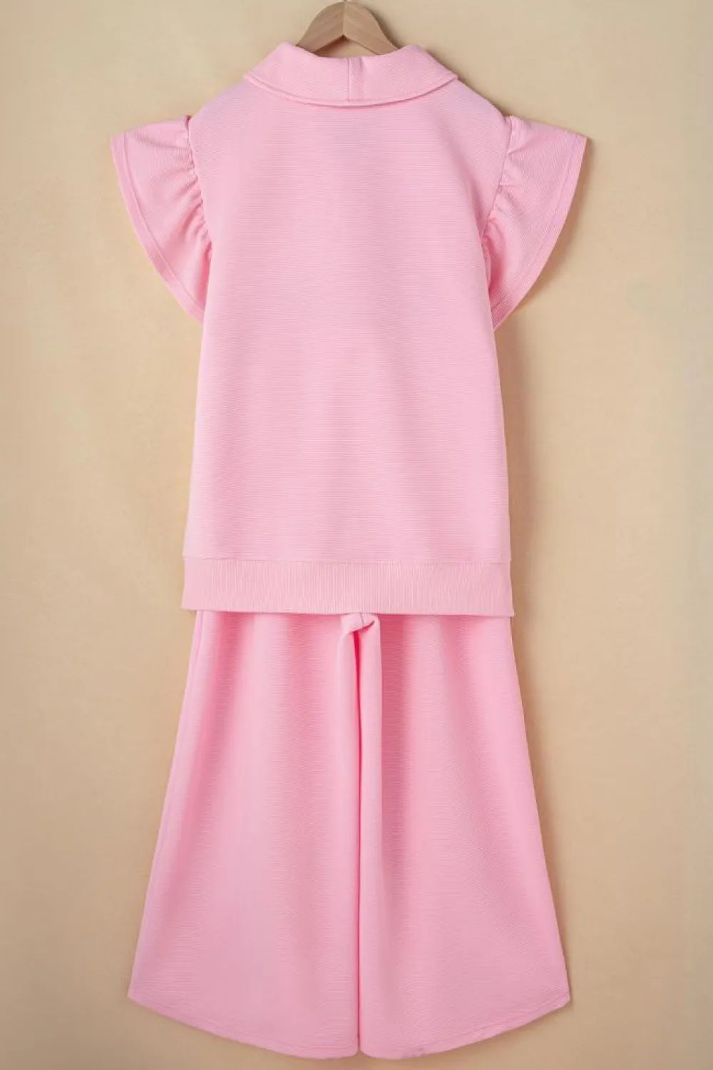 Fashion Dear-Lover Textured Ruffled Sleeve Zipped Top and Wide Leg Pants Set Pink