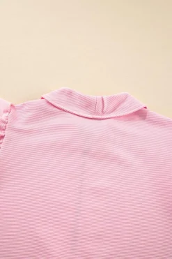 Fashion Dear-Lover Textured Ruffled Sleeve Zipped Top and Wide Leg Pants Set Pink