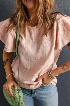 Sale Dear-Lover Textured Tiered Ruffled Short Sleeve Blouse Pink