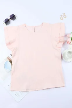Sale Dear-Lover Textured Tiered Ruffled Short Sleeve Blouse Pink