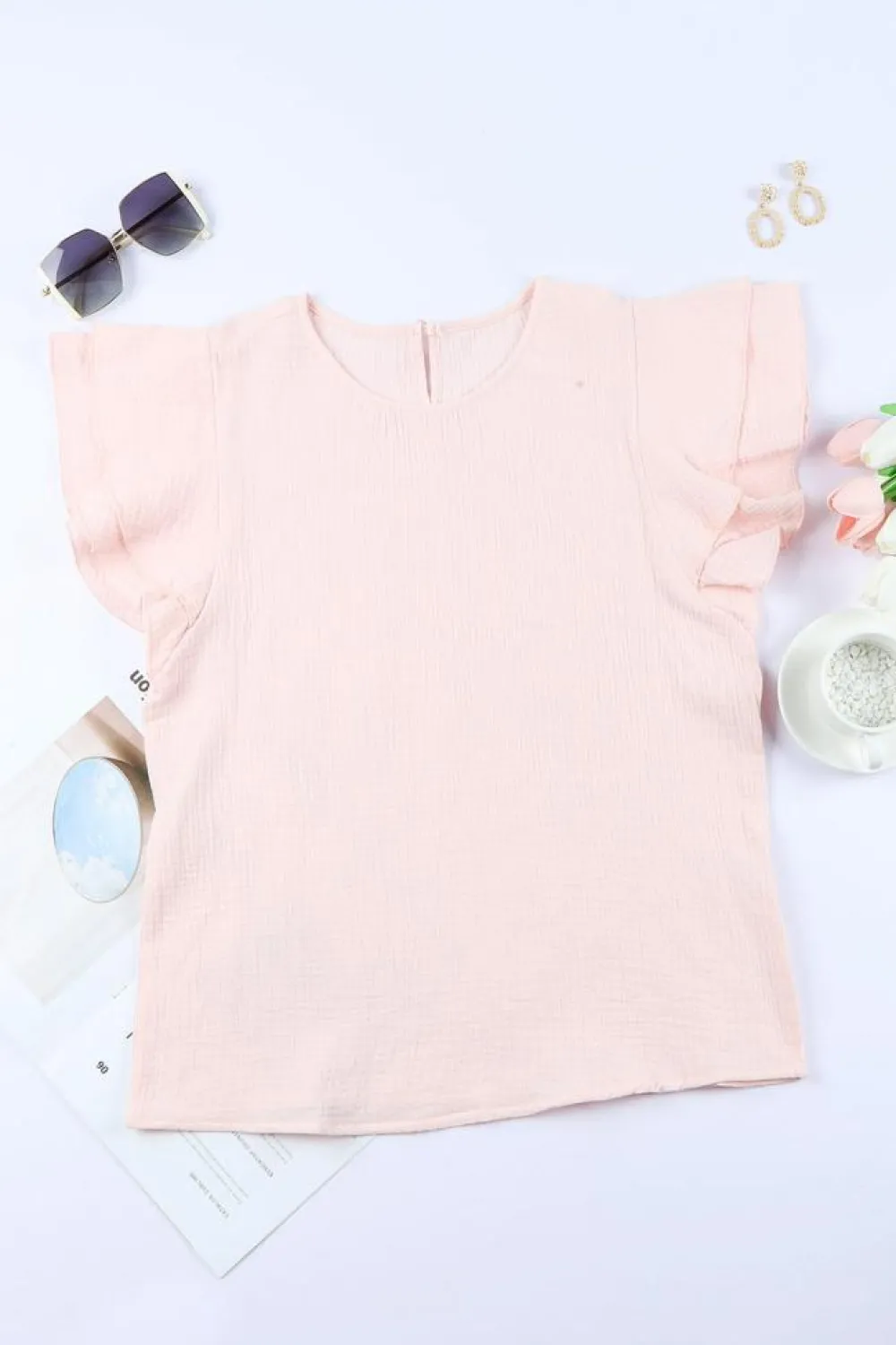 Sale Dear-Lover Textured Tiered Ruffled Short Sleeve Blouse Pink