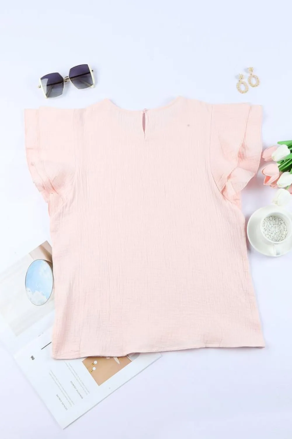 Sale Dear-Lover Textured Tiered Ruffled Short Sleeve Blouse Pink